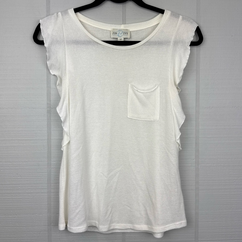 Jun & Ivy Cream Knit Tank Top Blouse Ruffle Sleeves Front Pocket Size XS